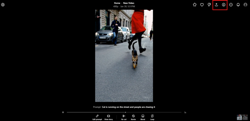 Downloading and sharing generated videos using the Sora AI video generator