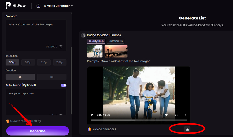 Downloading the generated video from photos