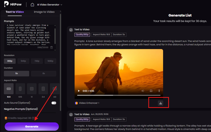 Downloading the generated video from text and images