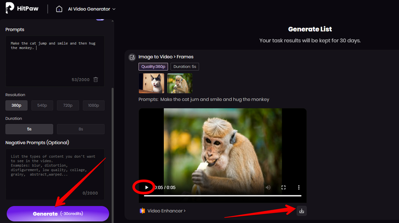 Downloading the generated video with an end frame