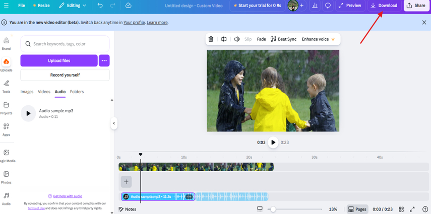 Downloading the synced clip in Canva