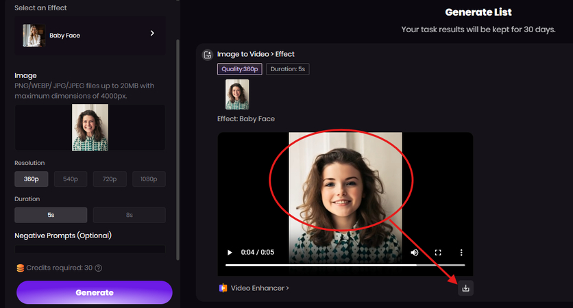 Downloading the teenage video using the Baby Face filter