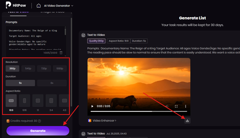 Downloading the video created from a documentary script