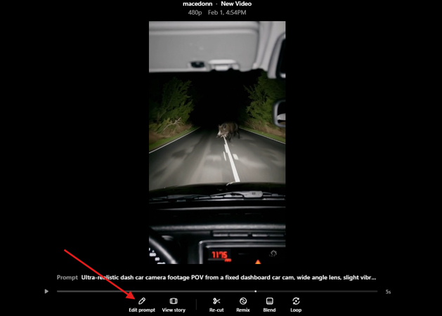Editing the existing prompt in Sora AI video generator