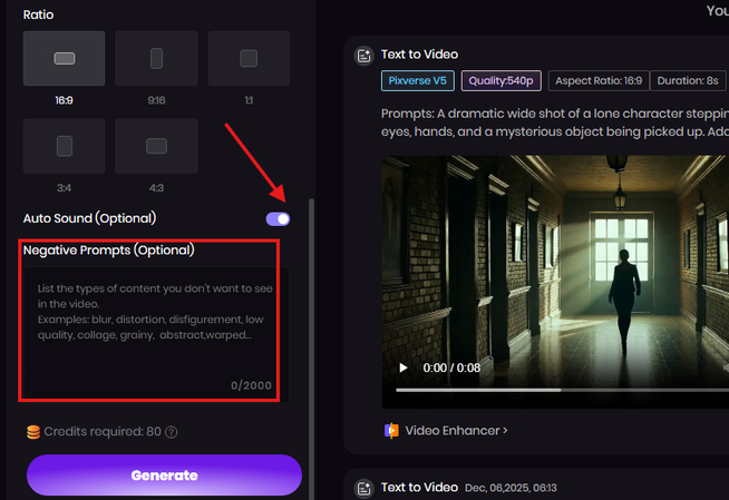 Enabling auto sound and adding negative prompts for the movie trailer