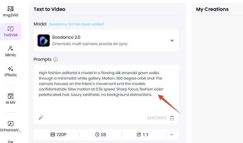 enter a seedance 2.5 prompt in hitpaw ai video generator