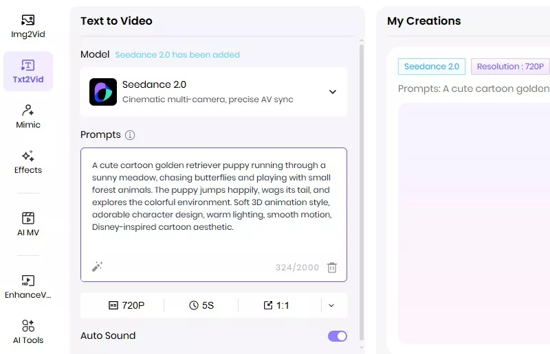 enter ai cartoon video prompt