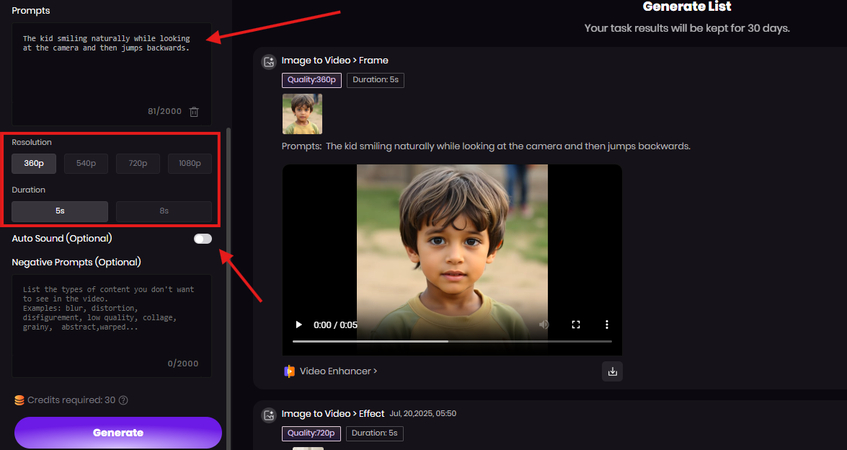 Entering text prompt and adjusting additional settings for the video