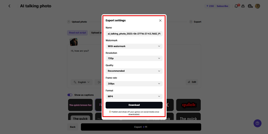 Exporting talking video in Pippit AI