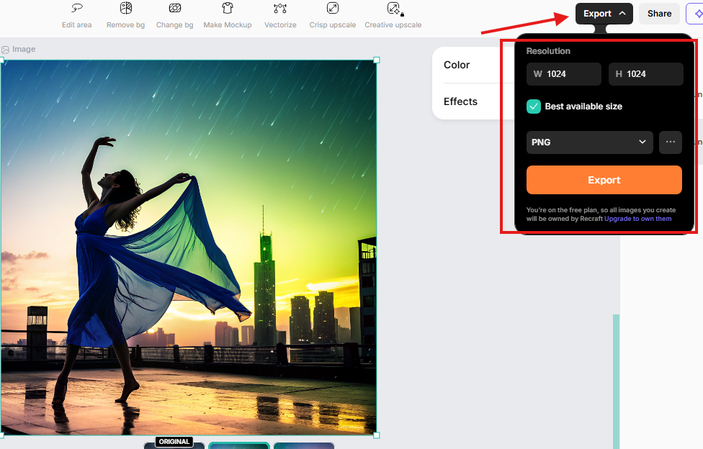 Exporting the generated image in Recraft AI