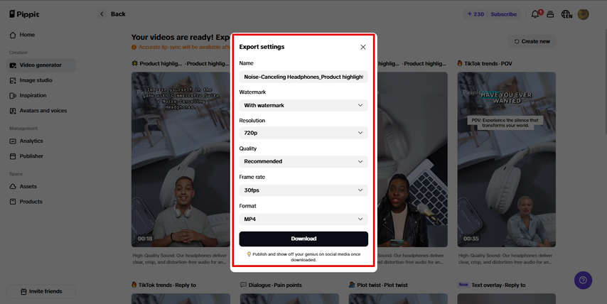 Exporting video in Pippit AI
