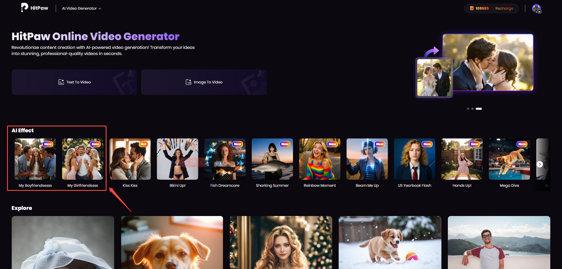 Escolher o efeito de IA Beije-me na ferramenta de imagem para vídeo