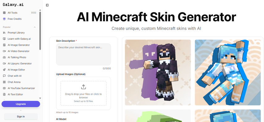 Galaxy.ai AI Minecraft skin generator