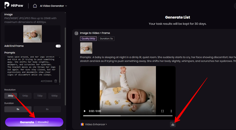 Generated video of the baby crying at night