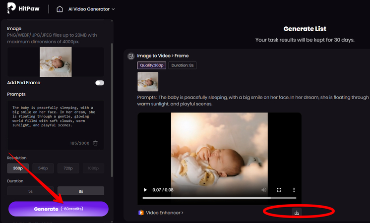 Generated video of the baby having a dream with a smile