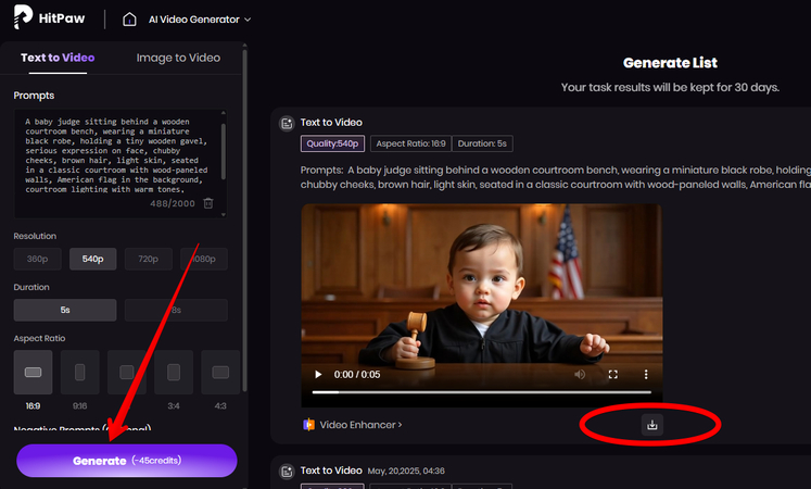 Generating a baby video in a court setting