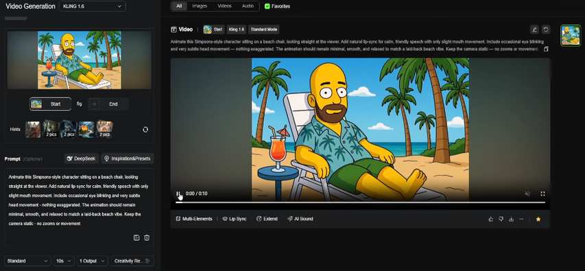 Generating a talking Simpsons character in Kling AI