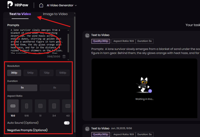 Generating a video from text prompts in HitPaw AI Video Generator