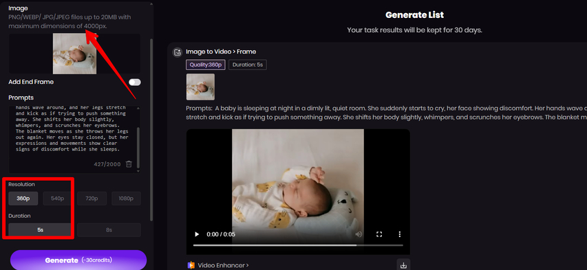 Generating a video of the baby crying at night
