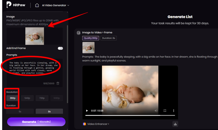 Generating a video of the baby having a dream and smiling