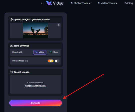 Generating a video using Vidqu AI Image to Video Generator