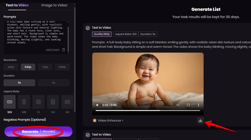 Generating an AI baby face video using HitPaw AI Video Generator