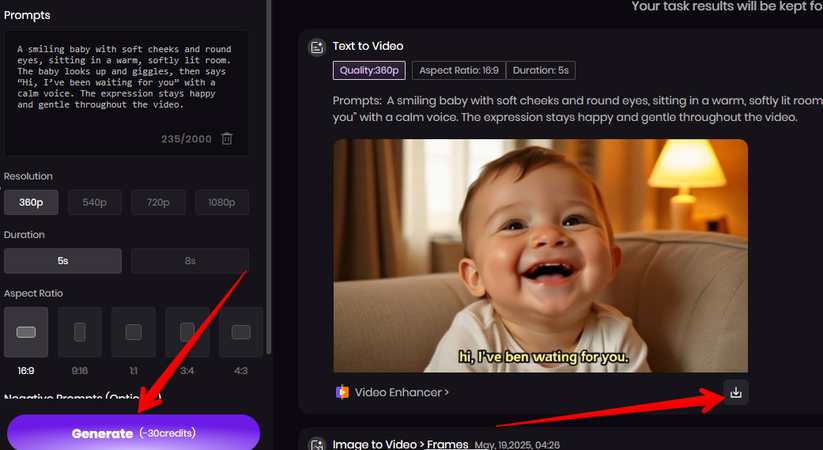 Generating an AI baby video from text prompt