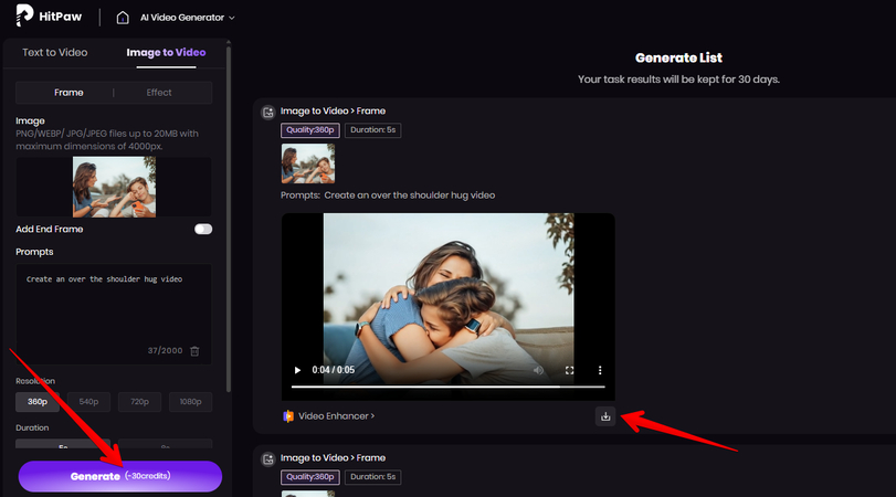 Generating an AI hug video of mom and son