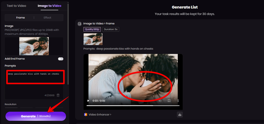 Generating an AI kiss video from a photo
