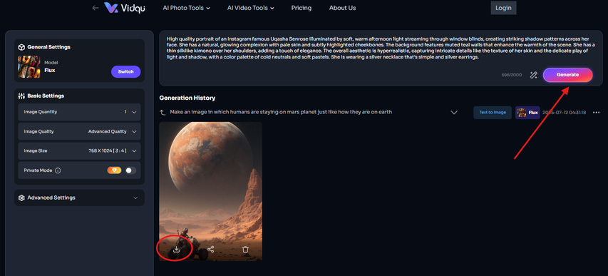 Generating an image in Vidqu AI