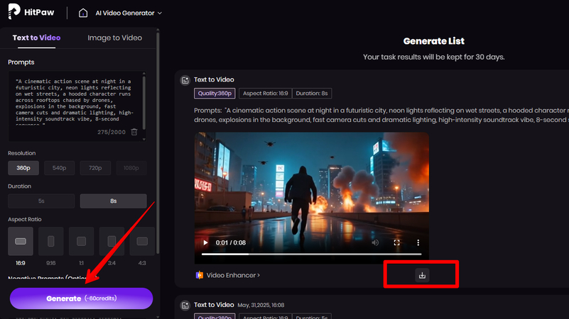 Generating and downloading a cinematic video