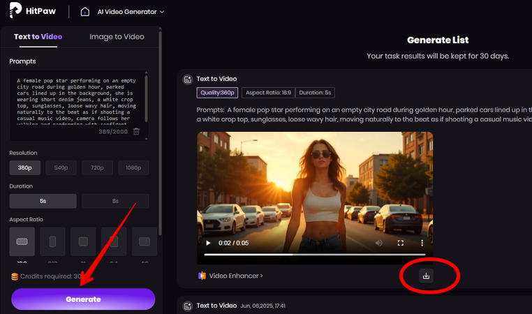 Generating and downloading a music video