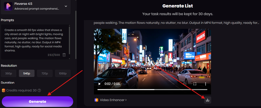 Generating and downloading a smooth AI-generated video