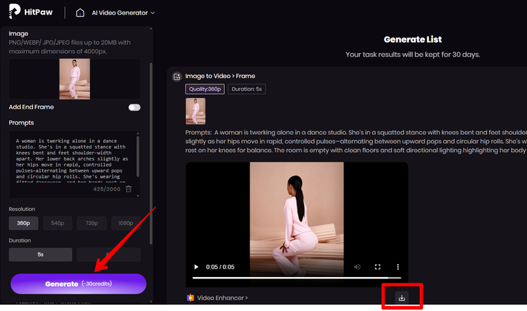 Generating and downloading a twerk video