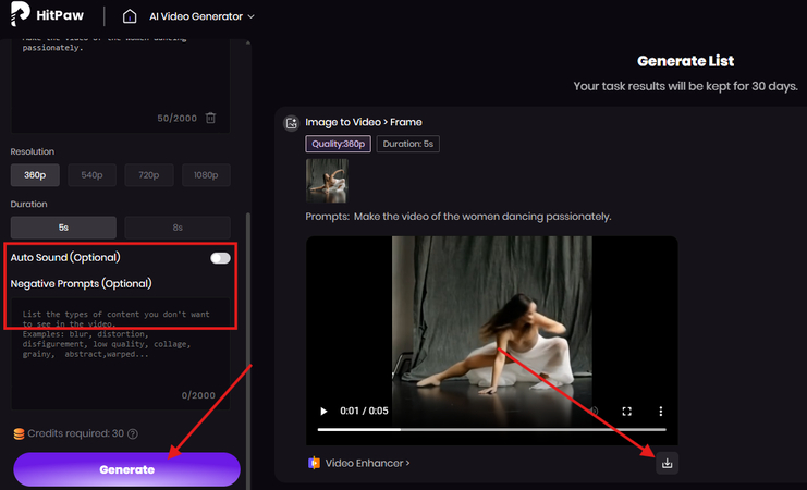 Generating and downloading a video created from an image