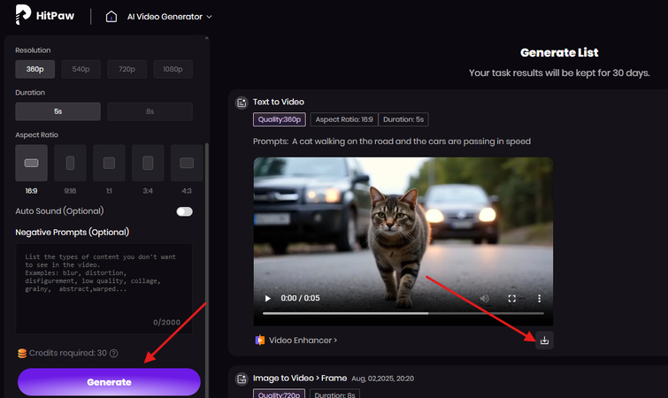 Generating and downloading a video created from text