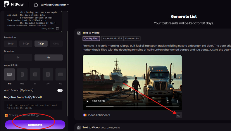 Generating and downloading a video created from the movie script