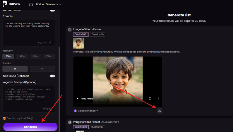 Generating and downloading a video created with an image