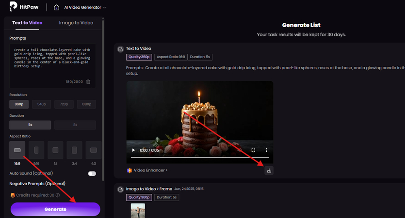 Generating and downloading an AI cake video in HitPaw AI Video Generator