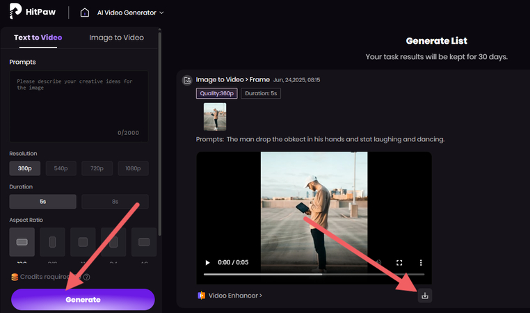 Generating and downloading video in HitPaw AI Video Generator