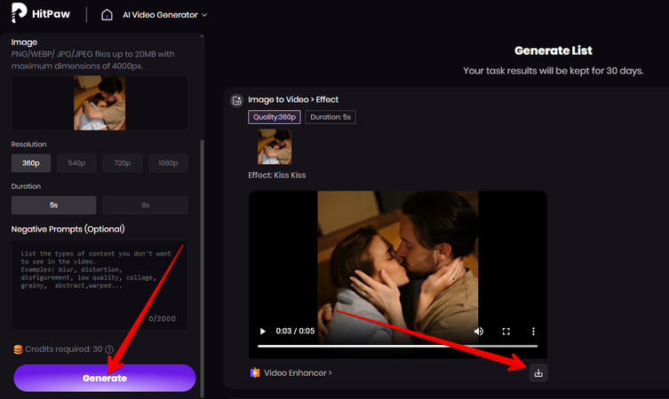 Generating and downloading the AI kiss video