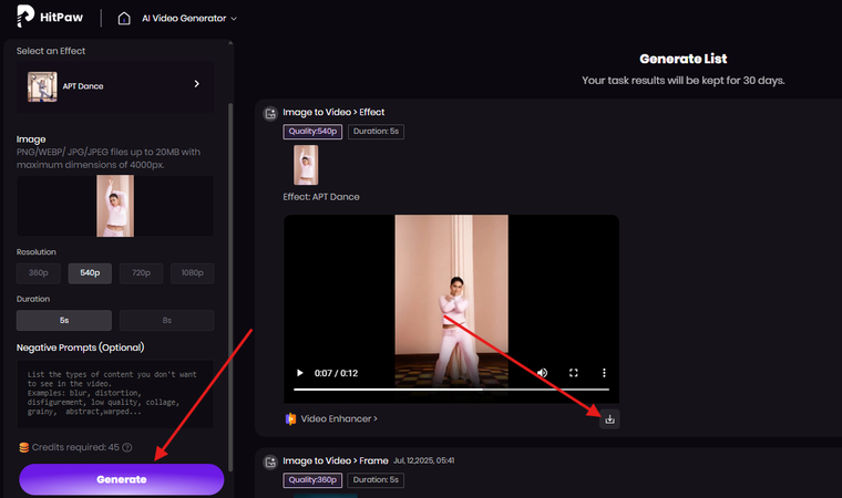 Generating and downloading the APT dance video