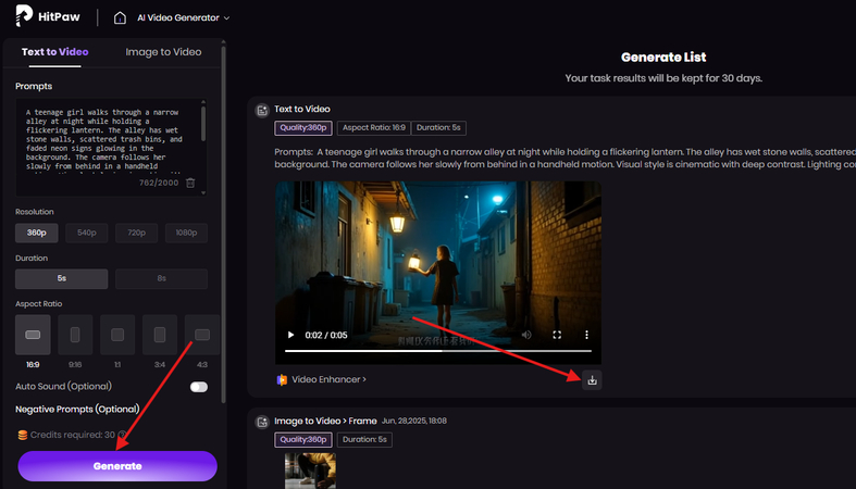 Generating and downloading video in HitPaw AI Video Generator