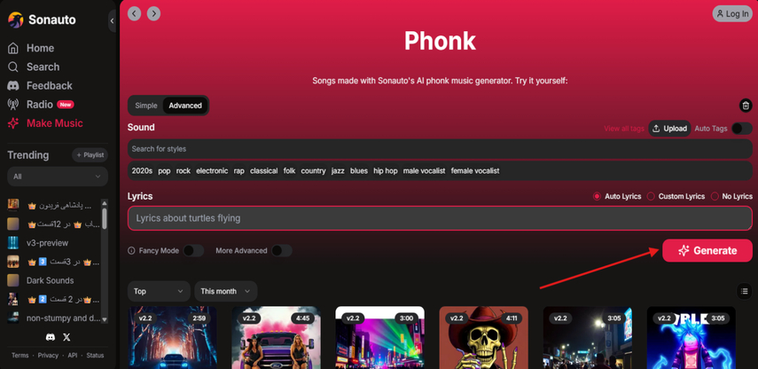 Generating phonk music in Sonauto AI