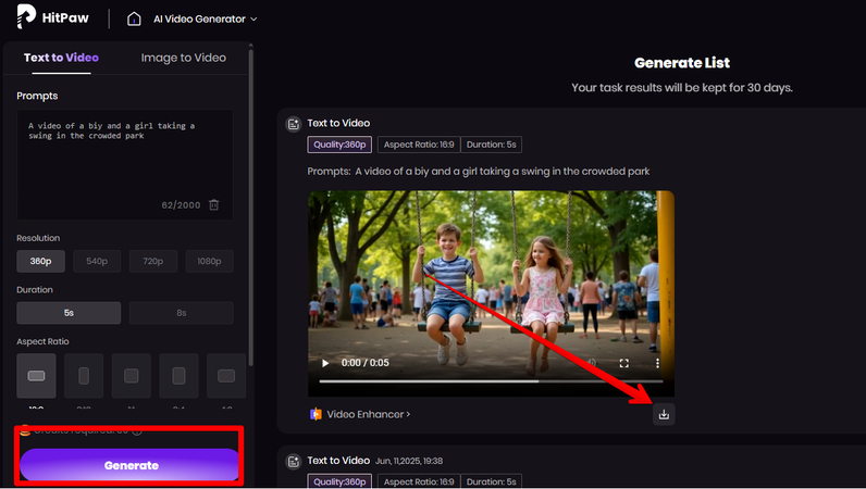 Generating video in HitPaw AI Video Generator