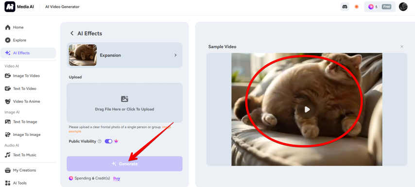 Generating video in Medio.io with body inflation AI effect
