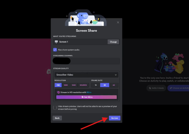 Going live with screen share on Discord