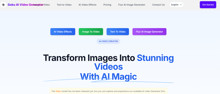 Goku AI Video Generator homepage dashboard