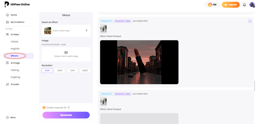 Choose Effects mode in AI TikTok video generator