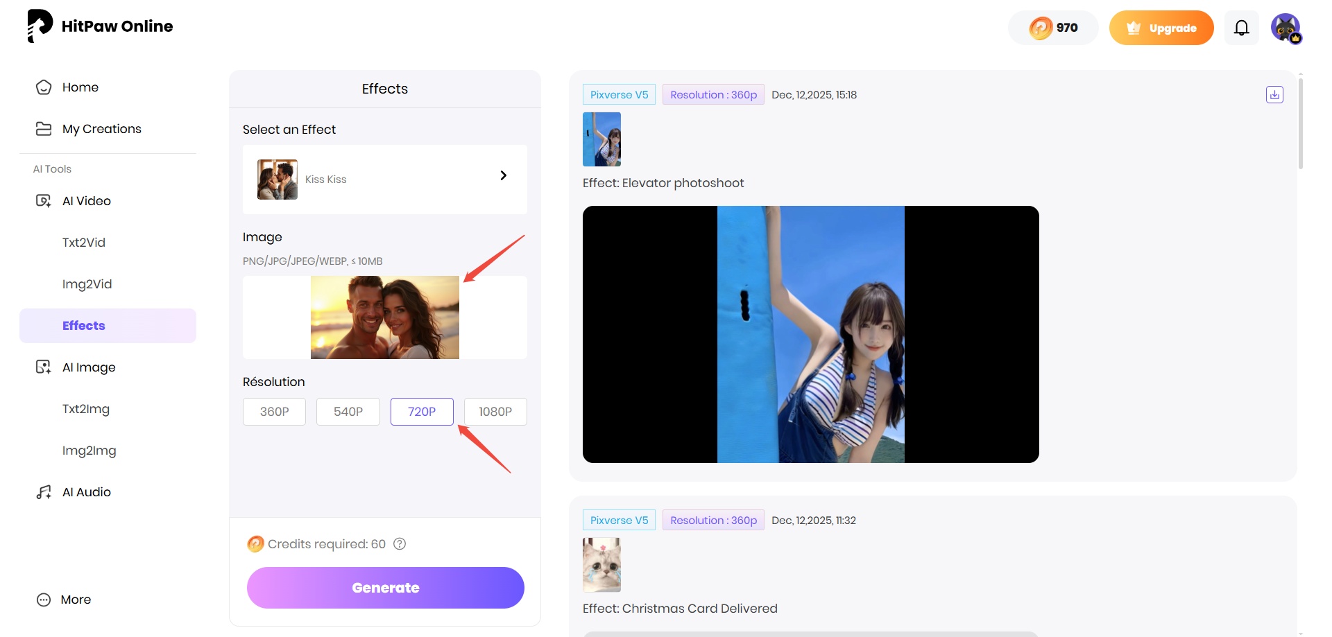 Uploading an image for the AI kiss video